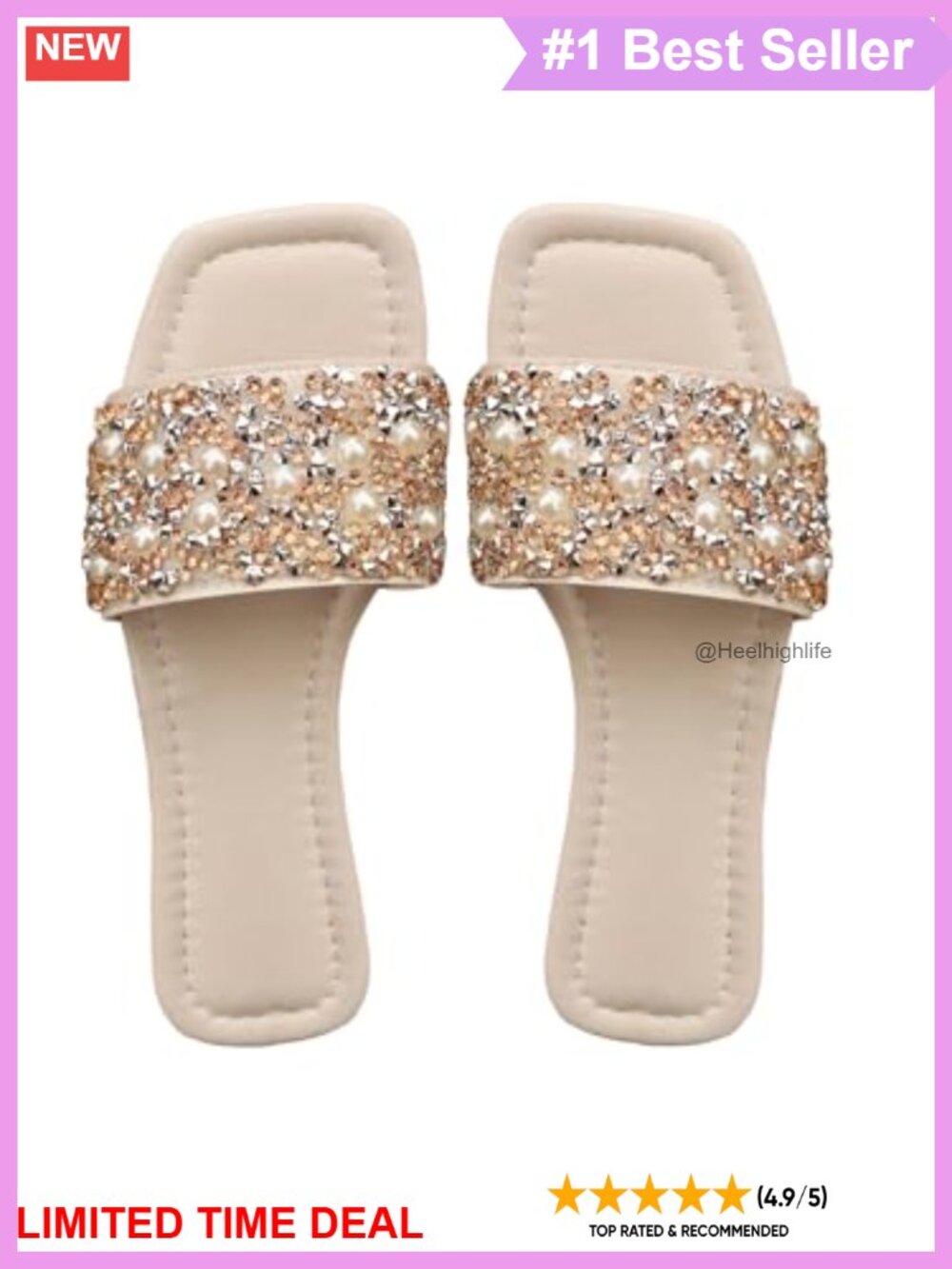Sparkly Pearl Beaded Flat Slide Sandals Square Open Toe